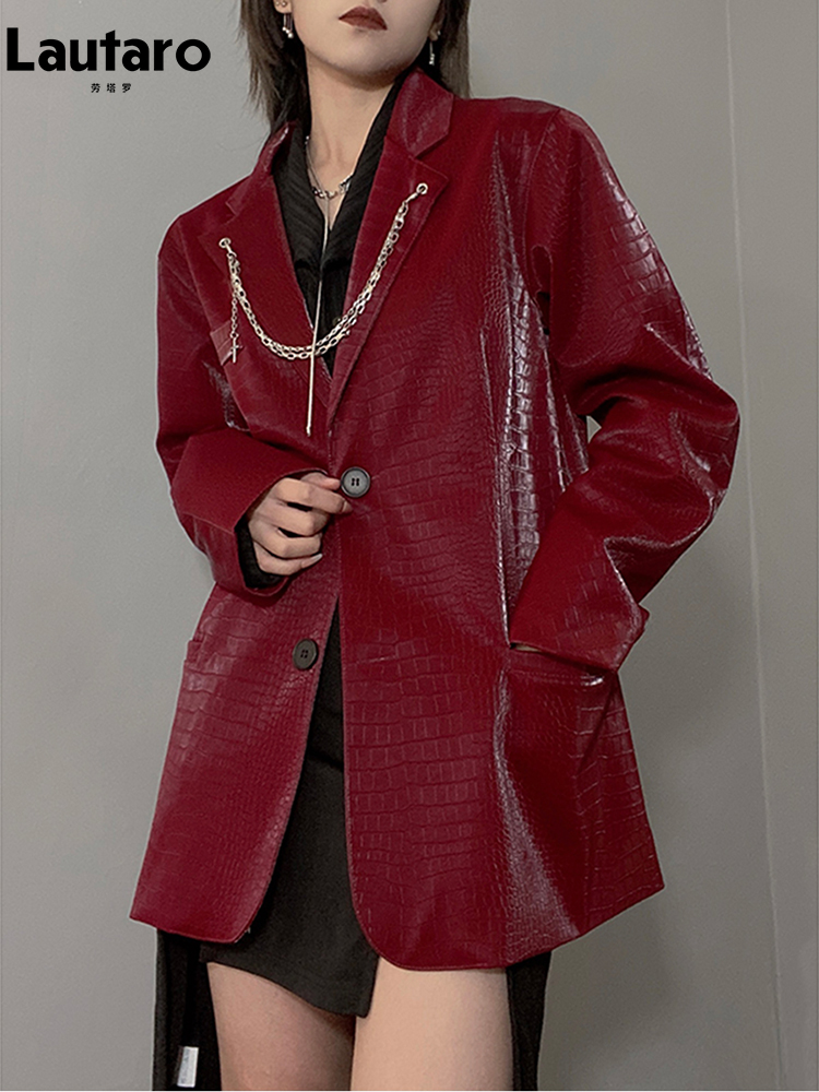 Lautaro Frühling Herbst cool glänzend reflektierende Krokodil druck pu Leder Blazer Jacke Frauen Schulter polster Langarm kette 2024