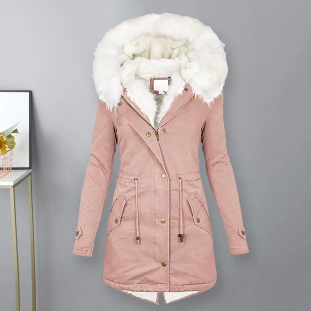 Abrigo clásico suave con cremallera y botones para mujer, abrigo ajustado con capucha de algodón acolchado de longitud media, chaqueta de invierno resistente al frío