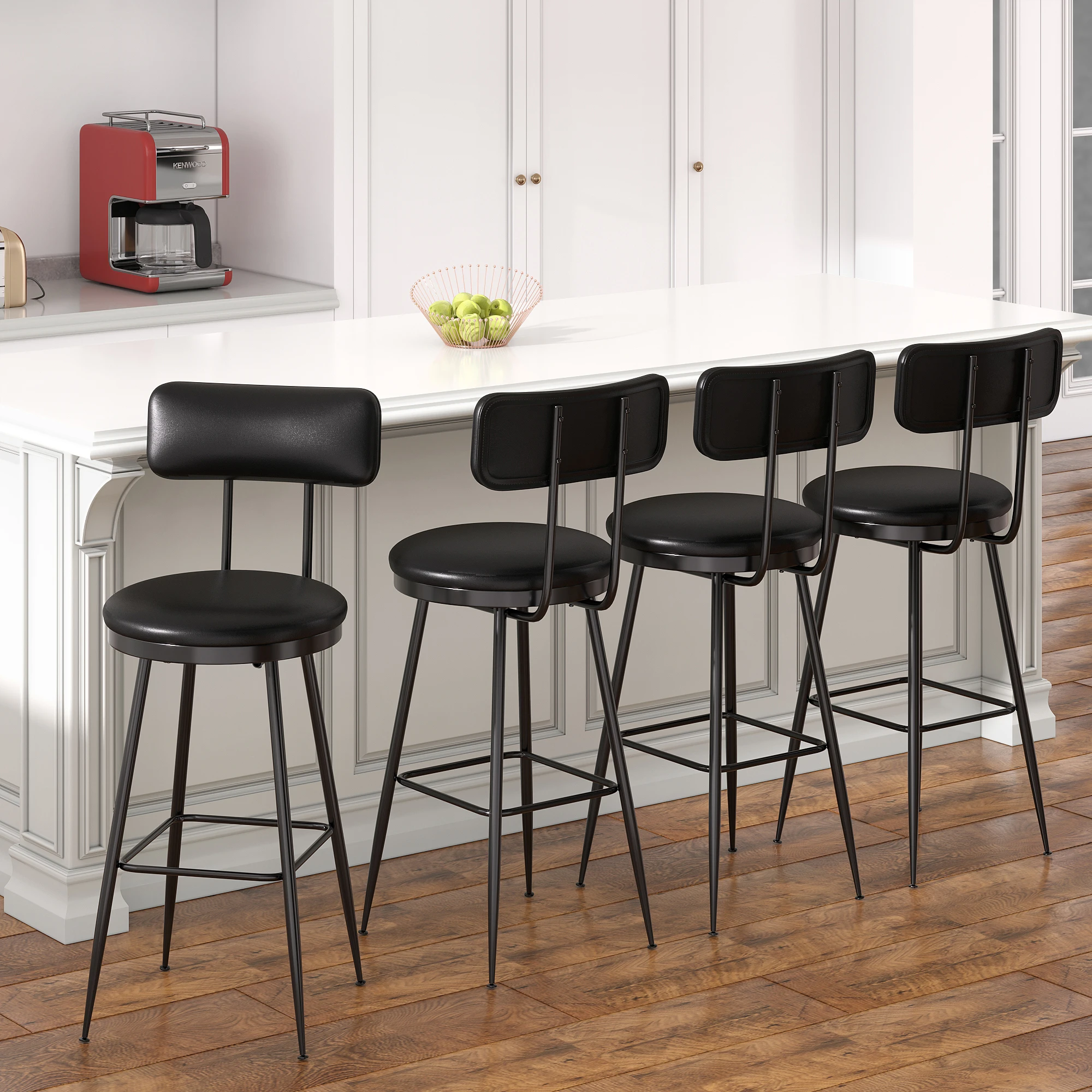 Comanlai 85 cm 4 Stück/Set Barstühle mit hoher Rückenlehne, Barhocker mit Metallbeinen, Küchenstuhl, Hochstuhl für Bar, PU-Leder, Schwarz