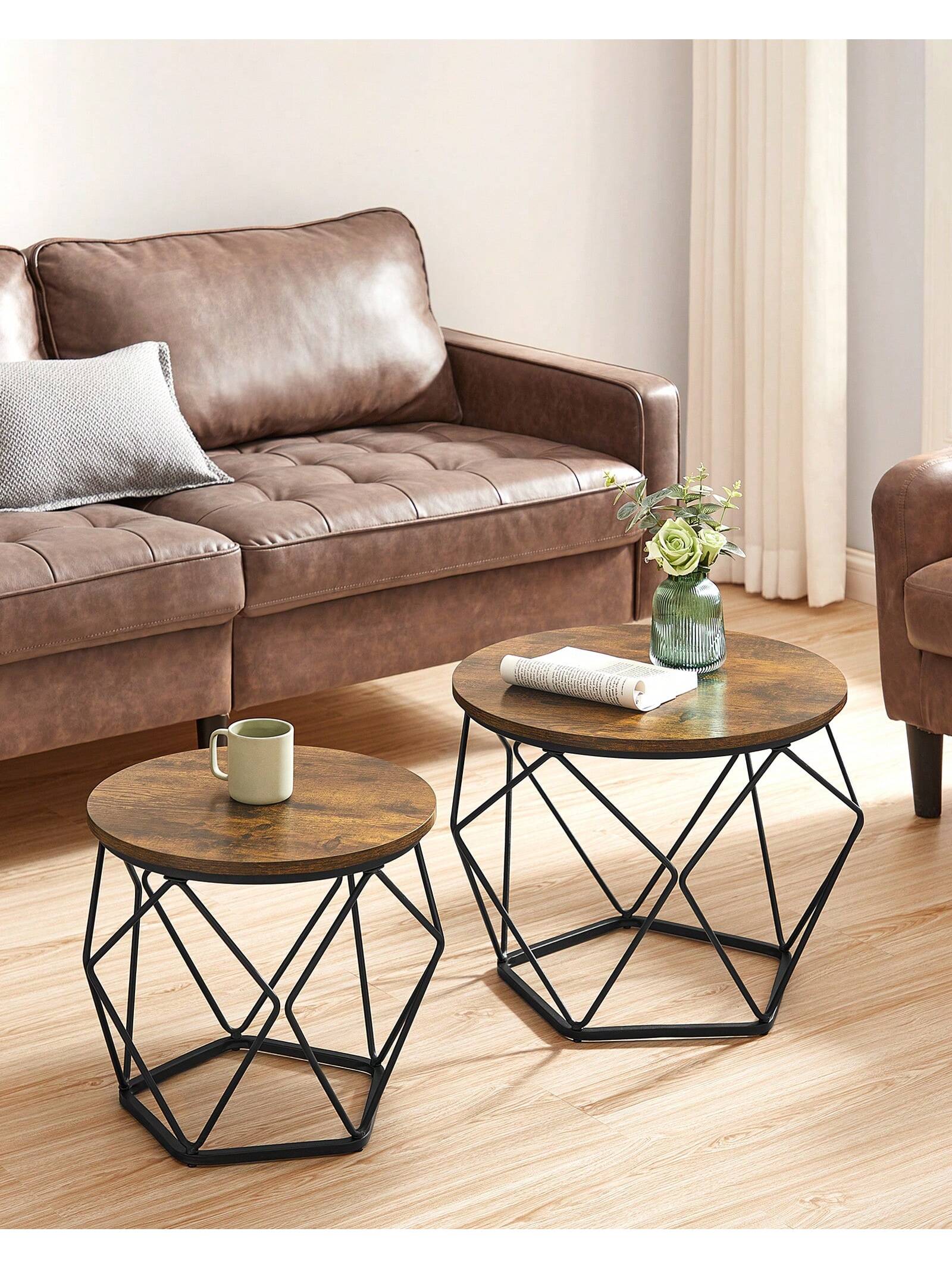 VASAGLE-Juego de 2 mesas de café, marco de acero robusto Ideal para sala de estar, dormitorio. Marrón rústico/negro