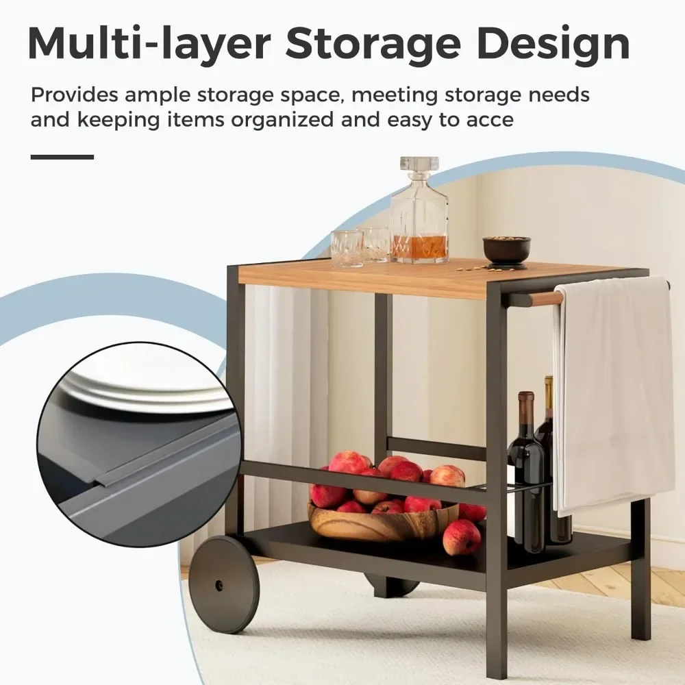 Outdoor Bar Cart with Wine Rack, Grill Dining Cart with Double-Shelf, Aluminum Serving Cart with Wood Grain Finish Table