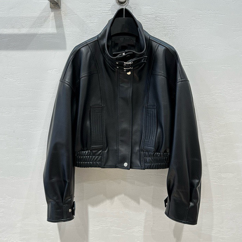 女性用本革ジャケット,スタンドカラー,ラムスキン,カジュアル,ショート,ブラック,オートバイ,バイカー,ルーズフィット,輸入,クラシック,女性用