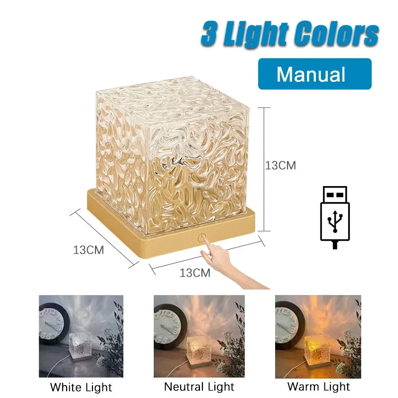 3/16 cores rotativa dinâmica ondulação de água projetor luz noturna chama lâmpada cristal para sala estar estudo quarto luz rotativa