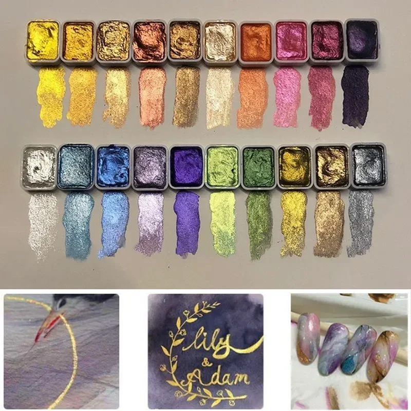 Juego de pigmentos de acuarela sólidos, 20 colores, 1ml, polvo de oro y plata, pigmento de perla Mineral, pintura artística de acuarela, decoración de uñas