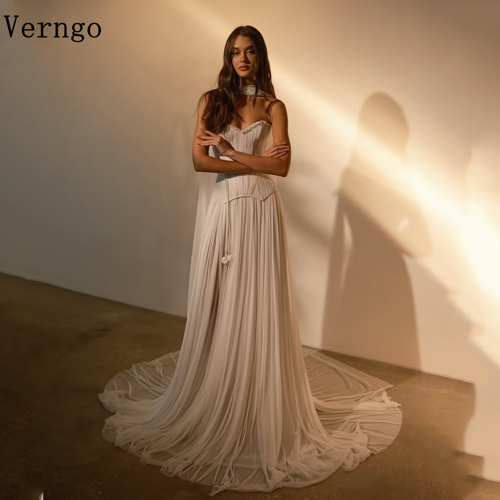 Verngo lvory chiffon vestido de casamento sem alças uma linha vestidos de ocasião formal sweap trem vestidos de noiva personalizados