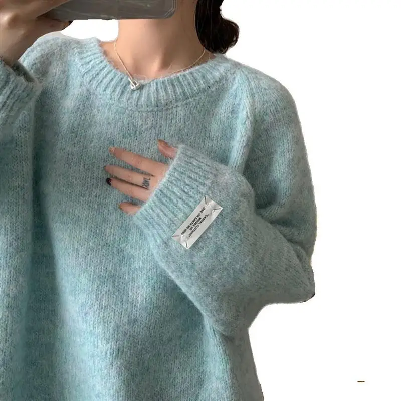 Suéter F Azul Leve Estilo Coreano Casual Ajuste Solto para Meninas, Roupa Externa para Primavera e Outono, Gola Redond...