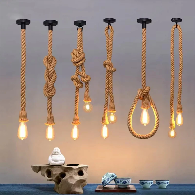Industrial E27 Vintage Hemp Rope Pendant Lights Attic Personality Indoor Lightings for Loft/Living Room/Bar Pendant Chandelier