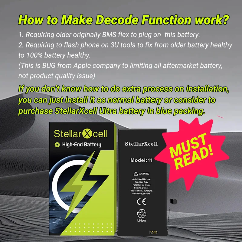 StellarXcell Decode Battery No need spot-weldind for iPhone11proMax 12pro 13promax 14promax 15Promax  BMS board 0 cycles battery