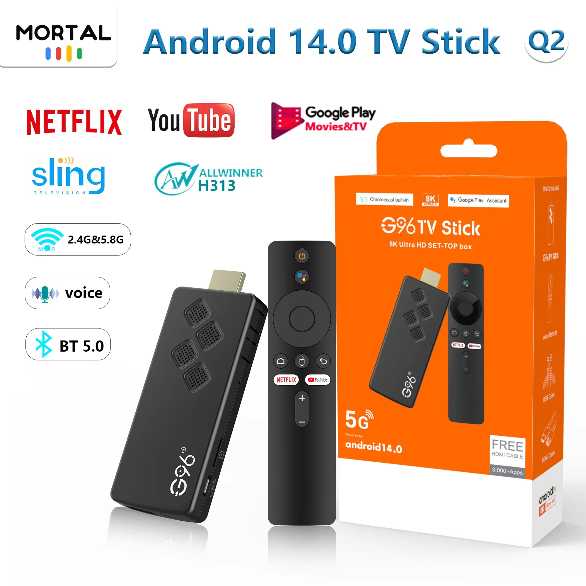 Preço de fábrica Android 14 TV Stick Mortal Q2 Comando por voz 8K 4K Vídeo BT5.0 Wifi6 Netflix YouTube Streaming rápido vs Fire TV Stick