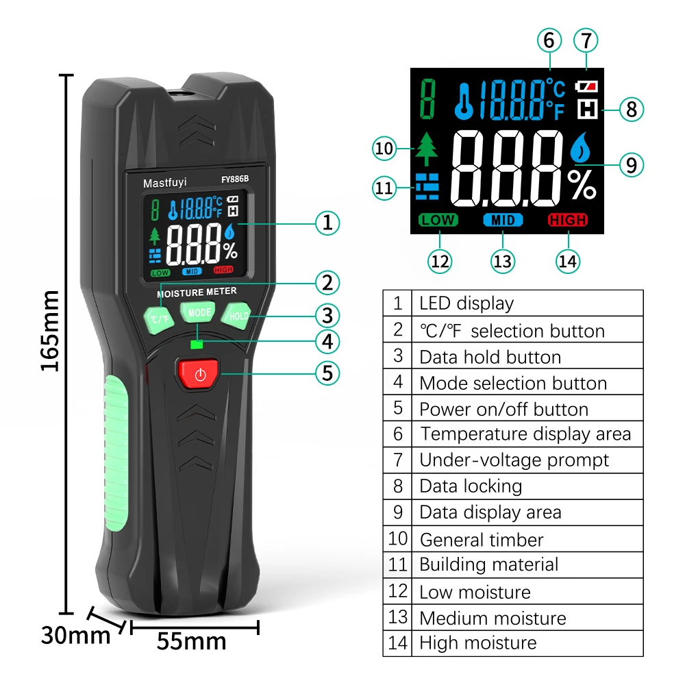 MASTFUYI Handheld Portable Digital Moisture Meter Wood Humidity, Building Materials, Ambient Temperature Detection Color Screen