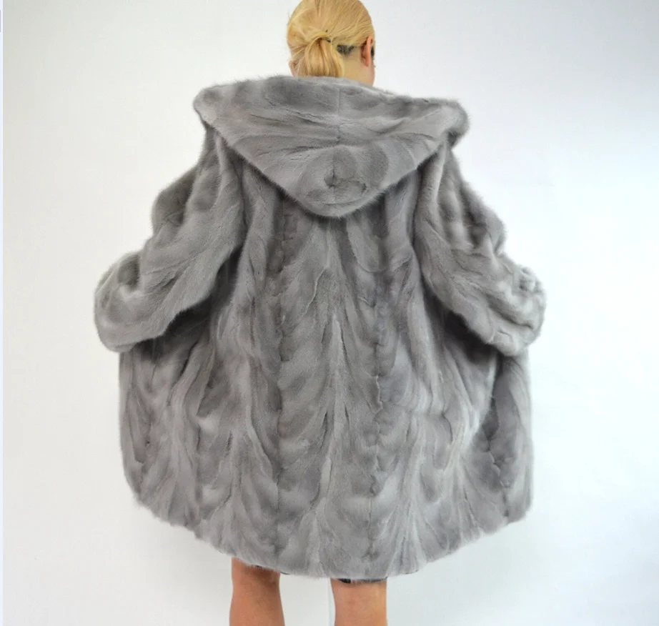 Echter Nerz pelzmantel, warm und modisch im Winter, langer Mantel mit Hut, 100% Nerz, neu, 2024