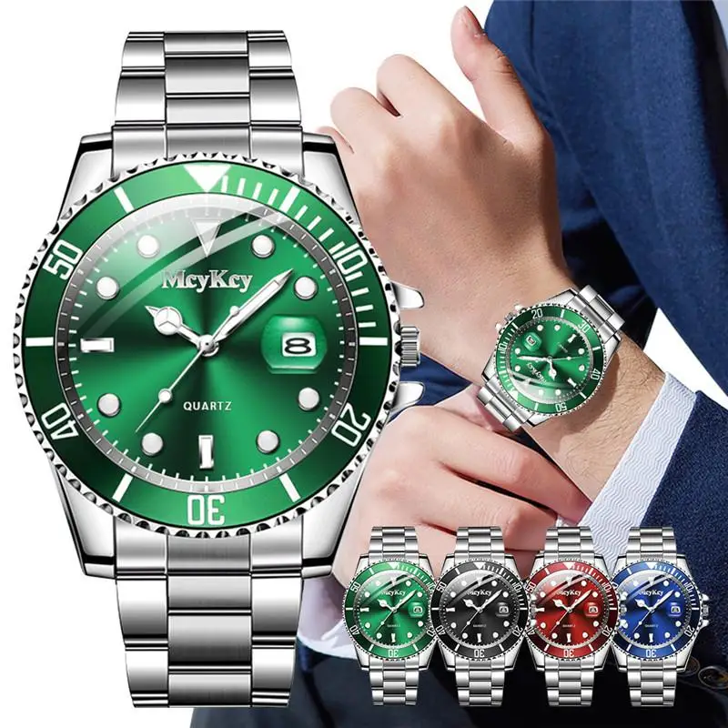 Gran oferta, correa de acero para hombre, verde agua fantasma con calendario, reloj de cuarzo, relojes clásicos para hombre, productos a juego de moda