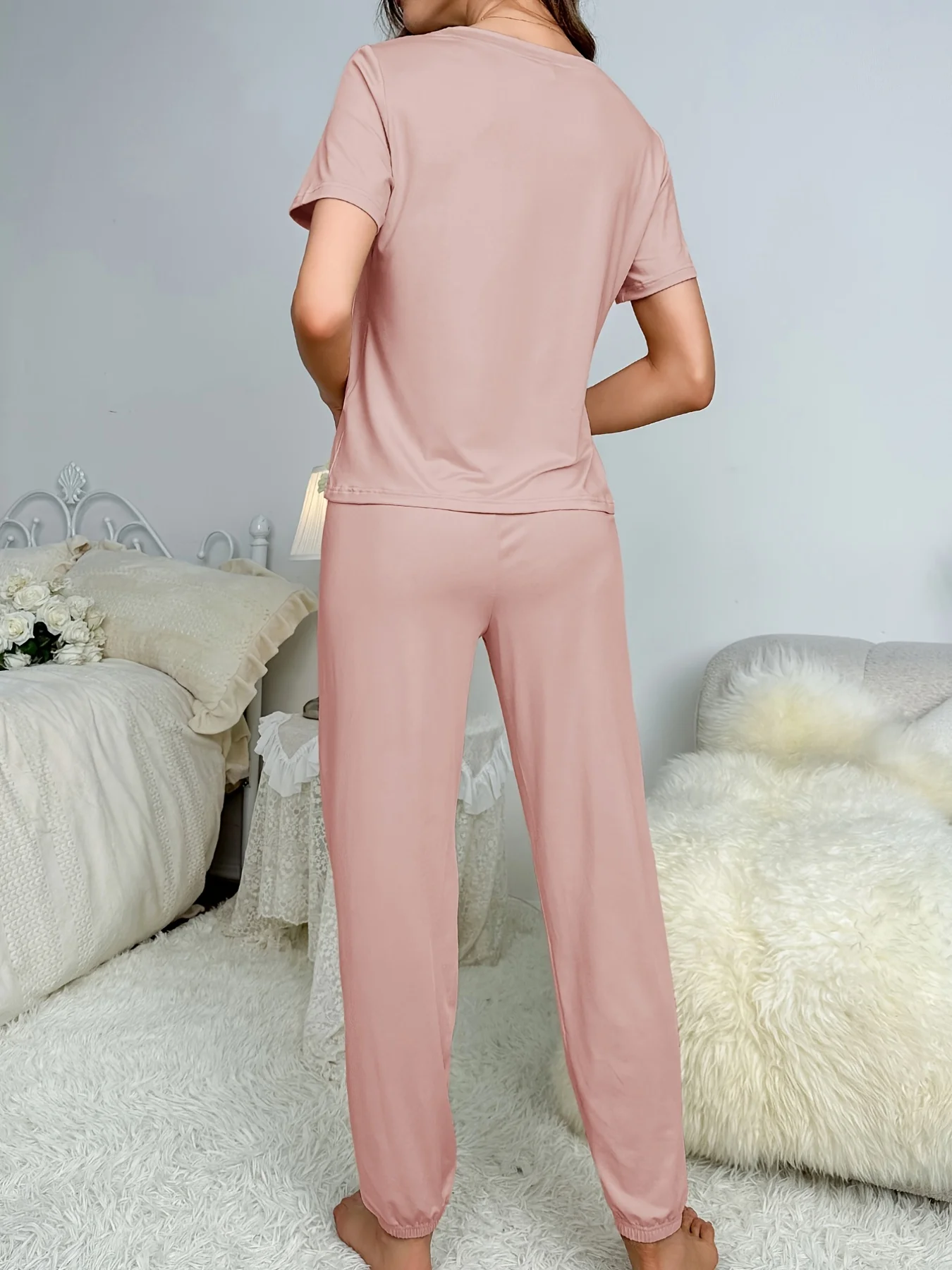 Damen-Pyjama im neuen Stil, kurzärmelige Hose, elegant, lässig, zweiteilig, einfarbig, Heimkleidung