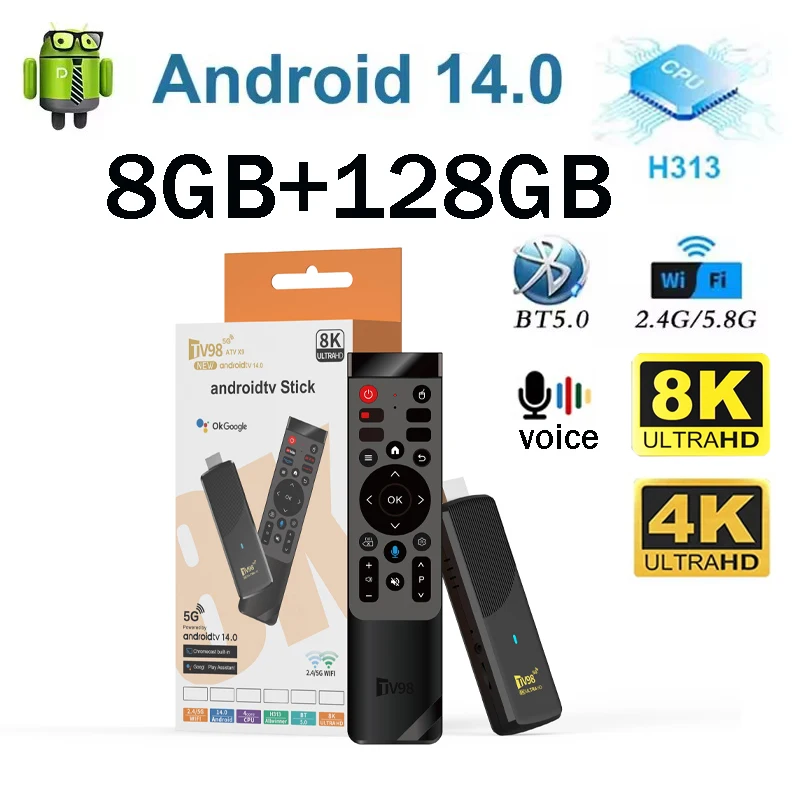 TV98 ATV X9 Smart TV Stick Android14 Allwinner H313 OTA 8GB 128GB Hỗ trợ 8K 4K Media Player 4G 5G Wifi6 HDR10 Điều khiển bằng giọng nói iptv