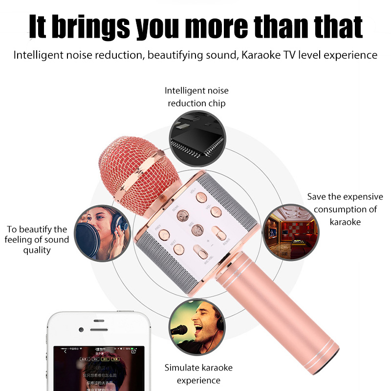 WS858 Microphone for Kids Singing 5 in 1 Wireless Bluetooth Microphone with LED Lights Machine Portable Mic Speaker New Gifts
