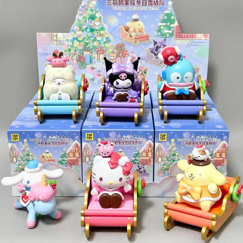 New Sanrio Winter Sledding Team Blind Box Genuine Kuromi Hellokitty Cinnamoroll Pom Pom Purin Hangyodon Kids Christmas Gifts