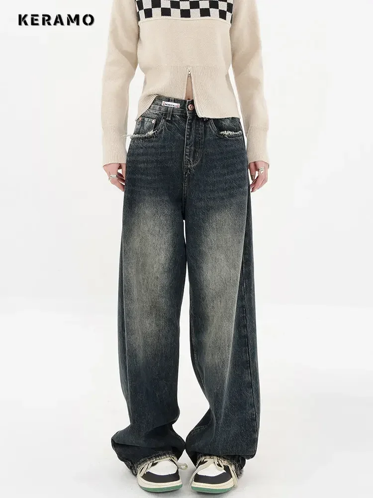 原宿ストリートレトロファッション秋の女性のハイウエストジーンズルーズワイドレッグストレートルーズデニムパンツ Y2K だぶだぶのパンツ