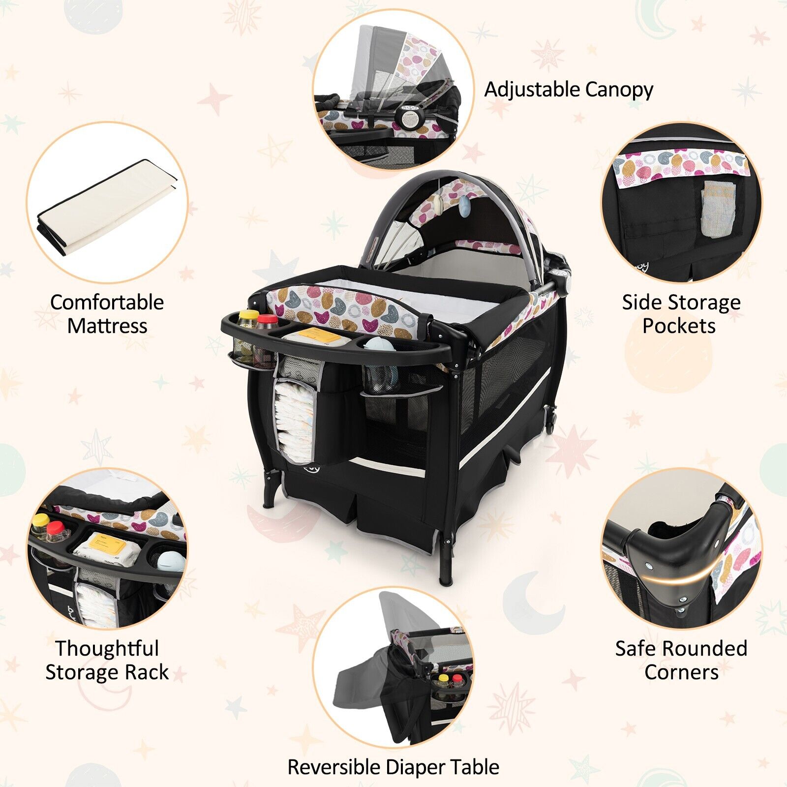 DORTALA 4 in 1 Baby Crib Bassinet Bed Infant Changing Table Portable Nursery Play Center