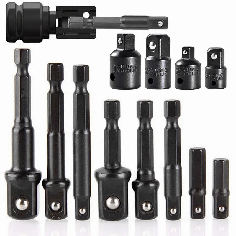 Juego de adaptador de enchufe de impacto y reductor, juego de extensión, adaptador de taladro de enchufe, convierte taladro eléctrico en destornillador de tuerca de alta velocidad, 12 Uds.