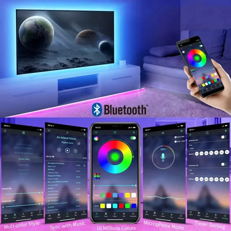 LED Strip Lights RGB 5050 Smart Bluetooth Control Music Sync USB 5V Flexible Led Lamp Tape For Room Party Decor TV Backlight