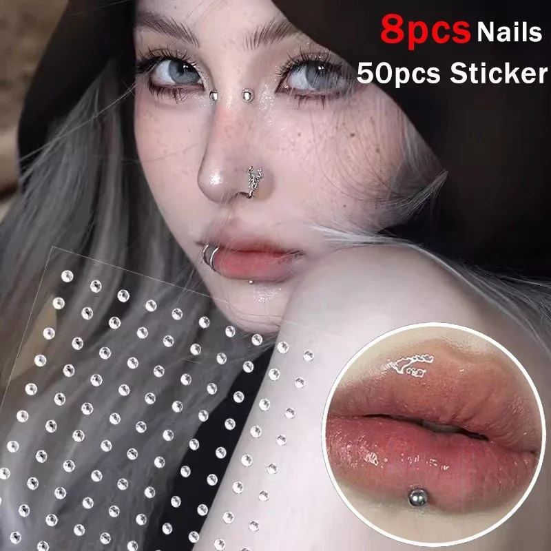 58 Uds. Pegatina para uñas de labios sin perforación autoadhesiva impermeable reutilizable labio falso uñas ceja nariz anillo cuerpo ombligo joyería