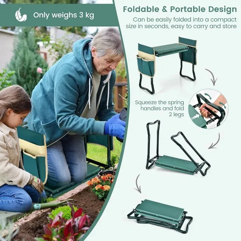 Joelheira de jardim e assento dobrável, banco de joelhos com almofada de espuma mais grossa, banco resistente com bolsa de ferramentas, presentes para pesca, verde