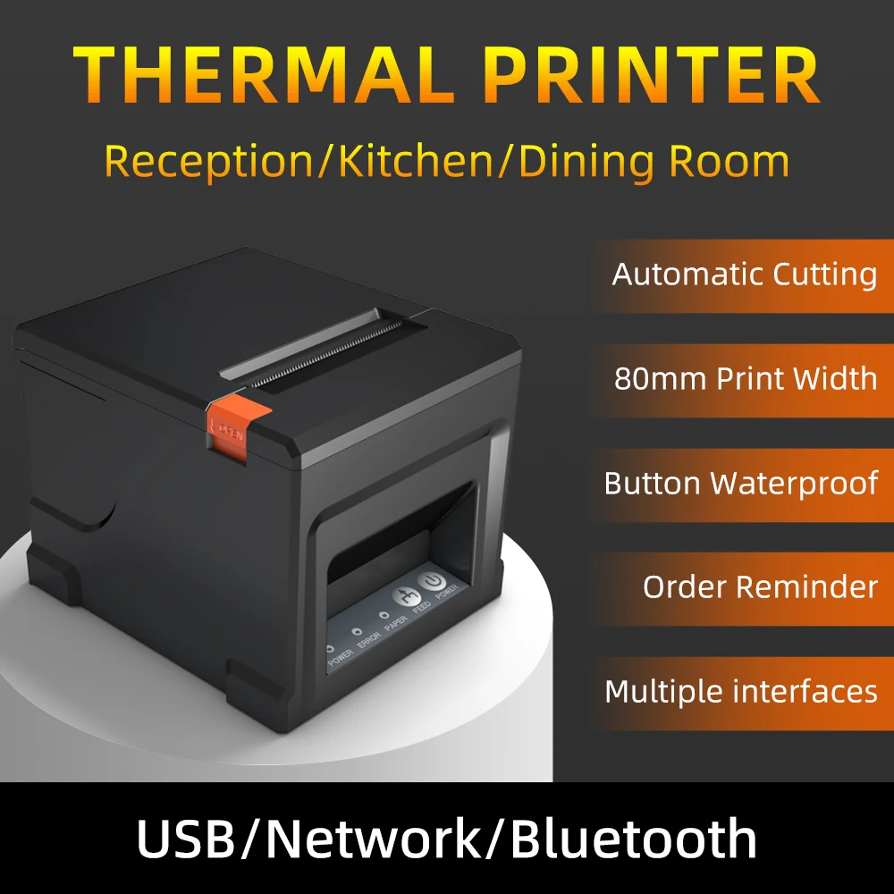 HZTZ Impresora térmica de recibos de 80 mm HZ-8360 Cortador automático Restaurante Cocina Impresora POS USB LAN Bluetooth