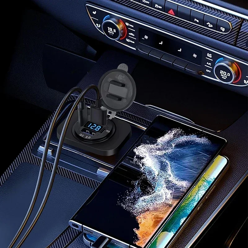 NEW 117W Dual PD Dual QC 3.0 USB Car Charger with Voltmeter Socket Power Outlet Adapter Waterproof for 12V/24V Car Boat Hot Sale