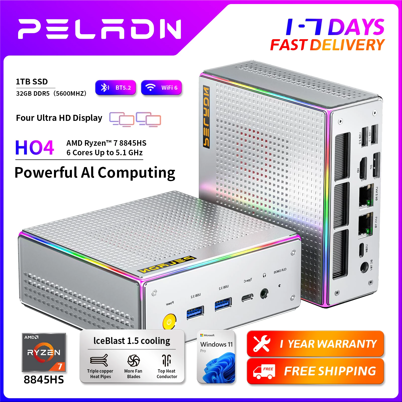 PELADN HO4 Gaming-Mini-PC AMD Ryzen 7 8845HS 32 GB DDR5 5600 MHz 1 TB PCIe4.0 SSD, AMD Radeon 780 M mit Dual RJ45 LAN, WiFi6 BT5.2