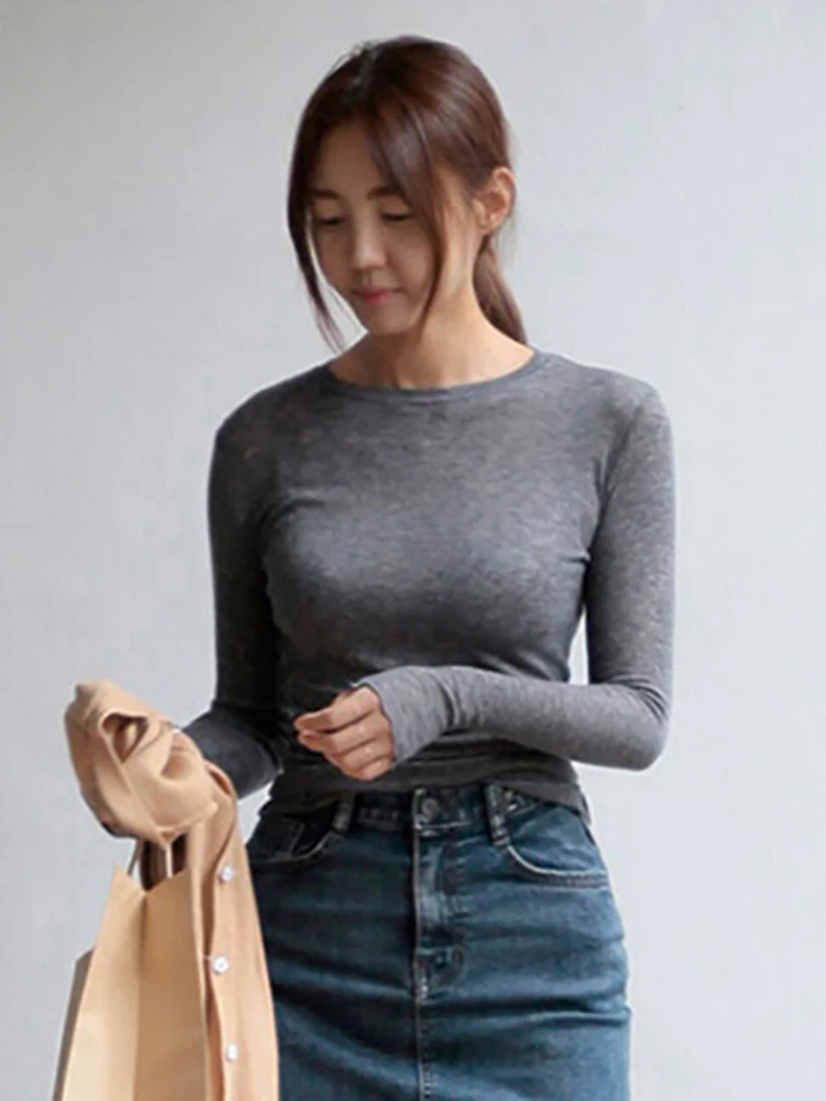 スリム高品質無地 Tシャツ女性綿弾性ベーシック Tシャツ女性カジュアルトップス長袖セクシーな薄い Tシャツシースルー