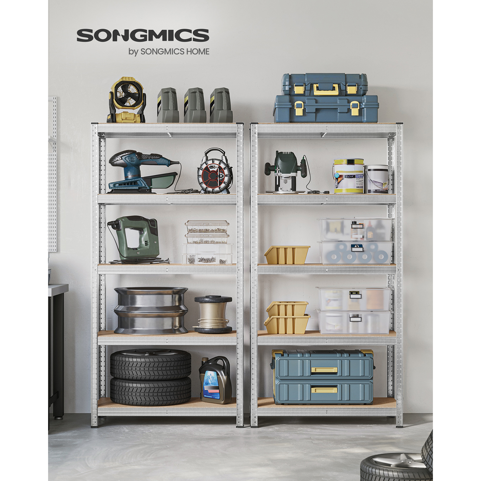 SONGMICS 5-Tier Heavy-Duty Shelving Units, Set of 2 Steel Shelving Units for Storage, Boltless Assembly, for Garage, Shed