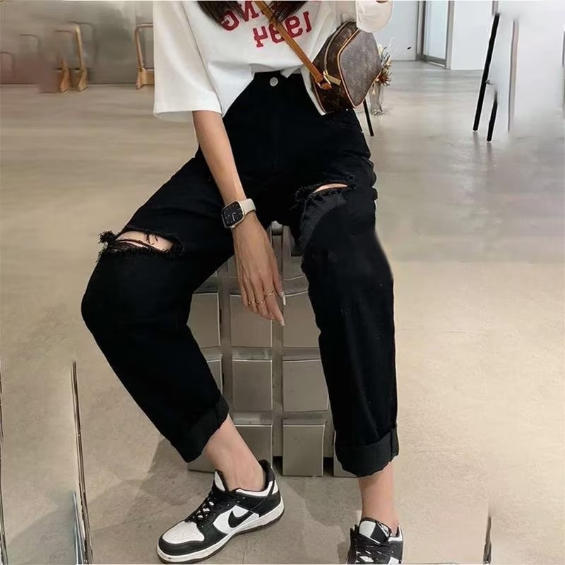 High Waist Ripped Skinny Jeans Women's Summer Thin Loose Elastic plus Size Bla Nine Point Straight Leg Pants Small Figures
