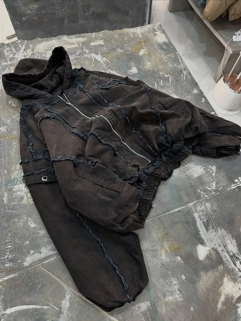 Ropa de calle Punk para hombre, sudadera con cremallera adhesiva de estilo destructivo, bigotes bordados a la moda, Sudadera con capucha con múltiples bolsillos