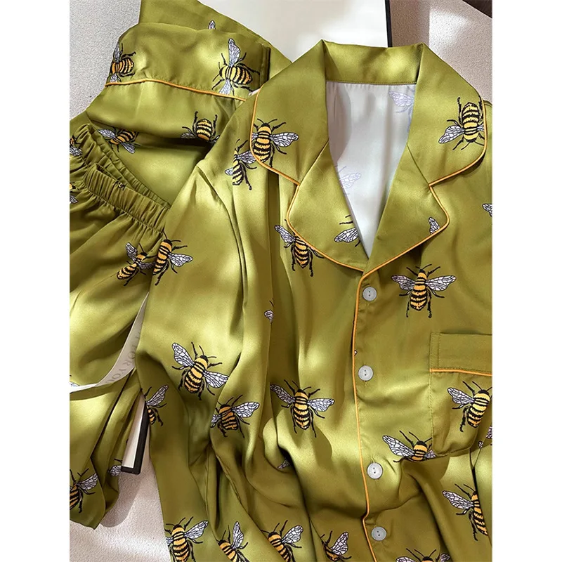 Women's Pajama Set Spring Autumn 2 Piece Pyjama Bee Print Pocket Faux Silk Satin Sleepwear Long Sleeve Pijama Mujer Pjs Homewear