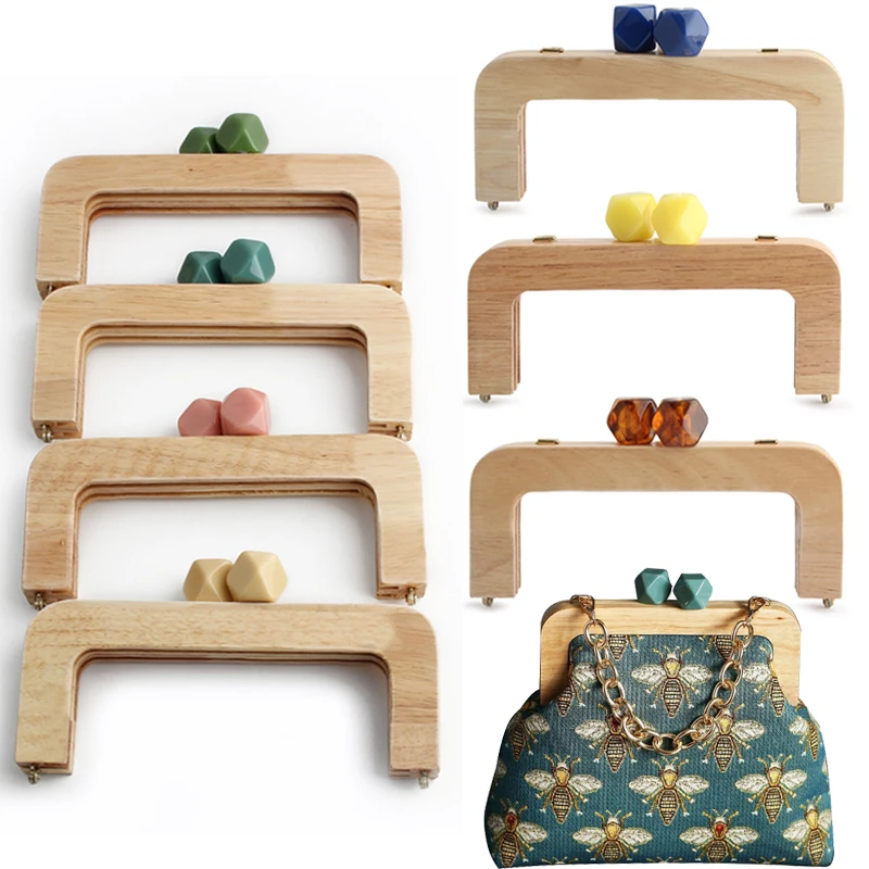 Cartera de Color caramelo de macarrón, marco de mango de madera maciza, bolso Retro, bandolera, cabeza de resina de madera maciza curvada, mango dorado DIY, 1 ud.