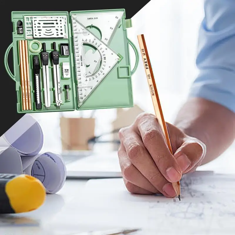 Kit de dibujo, juego de herramientas de dibujo geométrico, regla triangular, brújula, transportador, suministros de dibujo, lápices de dibujo de arquitectura