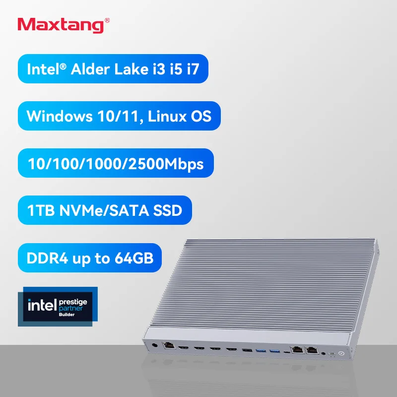 Maxtang SXRL 20 Mini Pc I5 1235u DDR4 32GB 1TB 4HDMI 2LAN Aluminium fanless Pc with Timer Windows 11 Computer  for Industrial