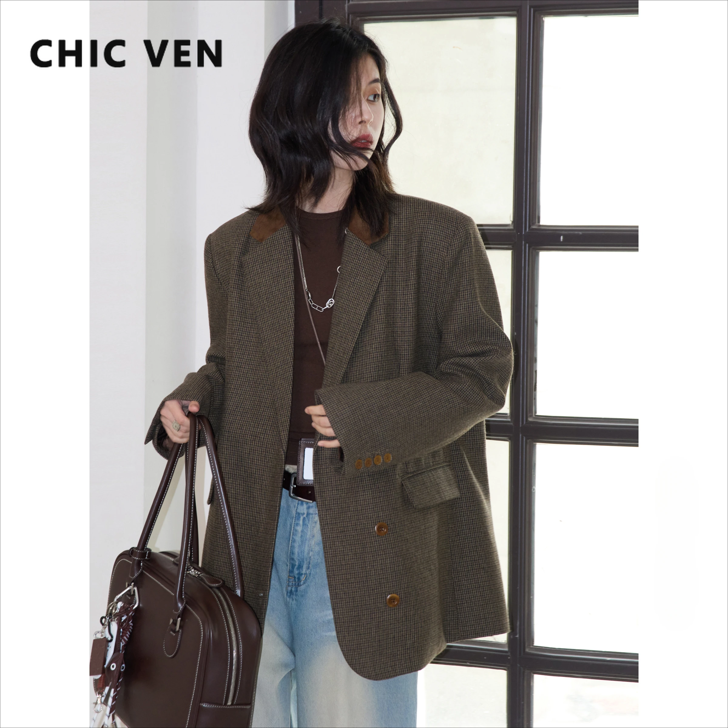 CHIC VEN Women's Woolen Blazer Loose Retro Single Breasted Female Jacket Mid Length Plaid Coat for Woman Autumn Winter 2024