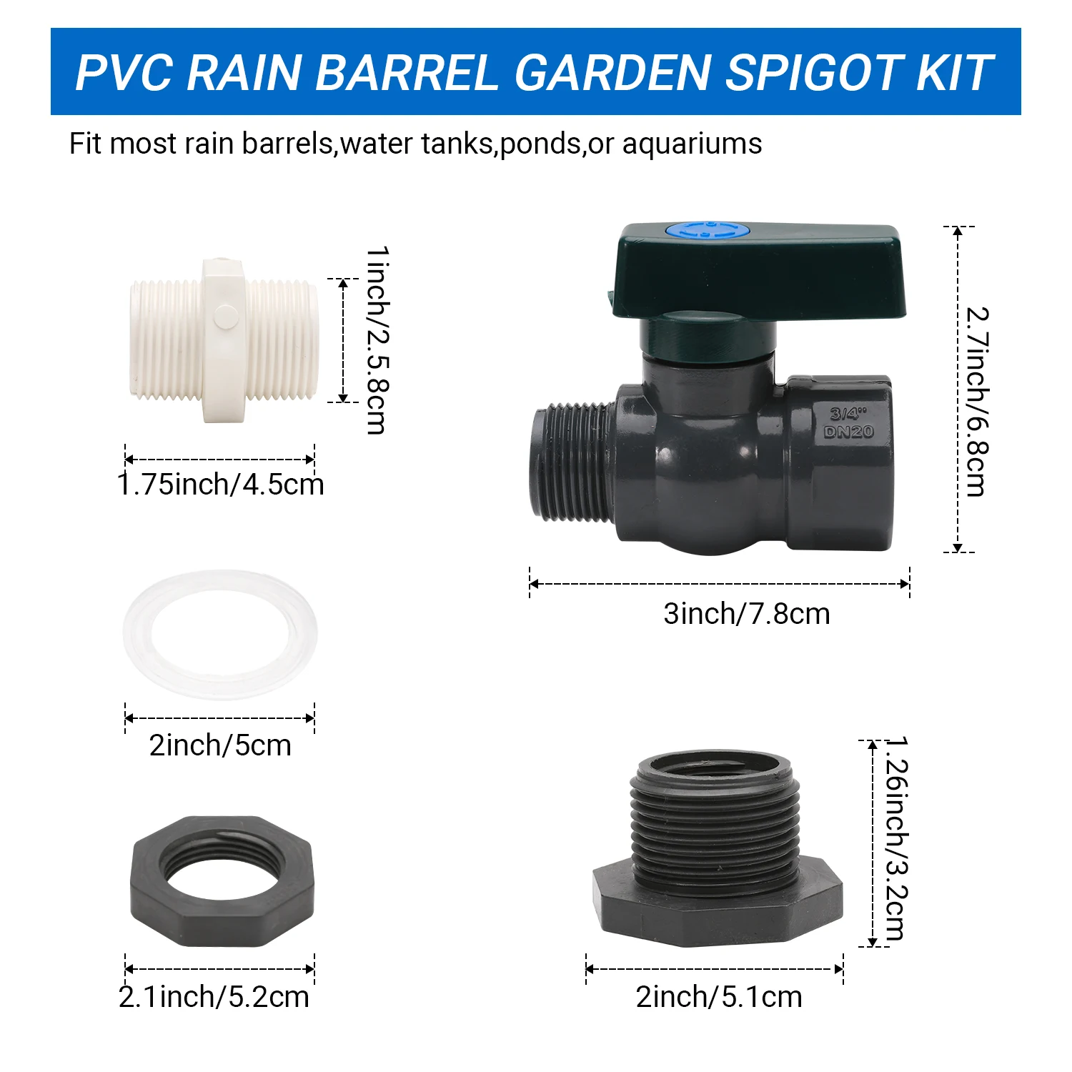 Kit desviador de barril de chuva de PVC, válvula de barril de chuva de 3/4 de polegada, kit de torneira de barril de chuva com adaptador de encaixe de anteparo 3/4"
