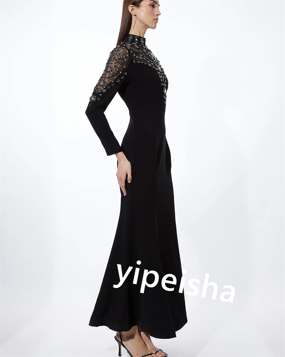 ที่กําหนดเอง Jersey Sequined วันเกิด Mermaid ชุดราตรีคอสูง Bespoke โอกาสชุดแขนยาวสีดําชุด Midi