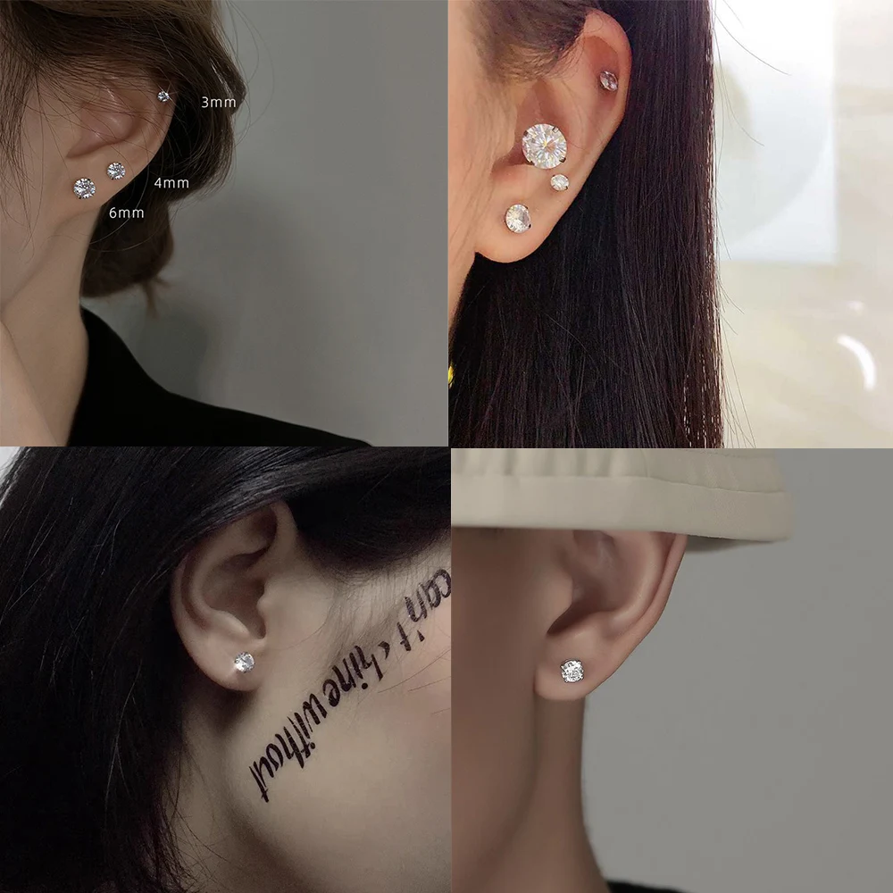 LUXUSTEEL 1 Đôi/2 Chiếc Inox Pha Lê Đính Bông Tai Dành Cho Nữ 4 Ngạnh Tragus Tròn Rõ Ràng Khối zirconia Tai Trang Sức