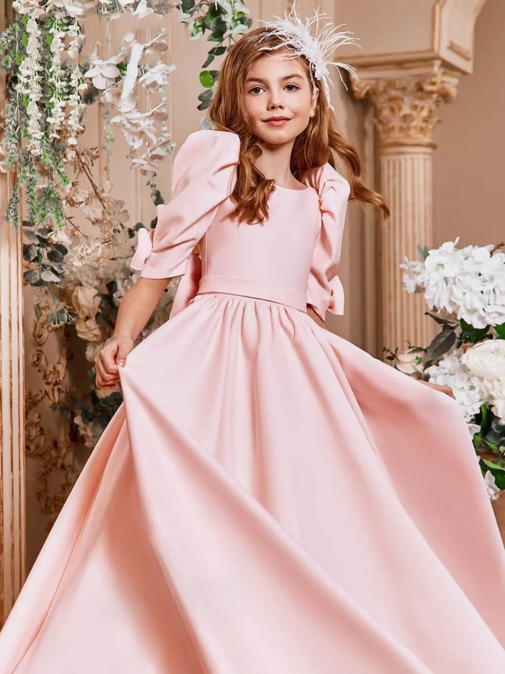 Blumenmädchenkleid aus Satin, rosa, A-Linie, halbe Ärmel, bodenlang, Kindergeburtstag, Partykleid, Erstkommunion, Ballkleid