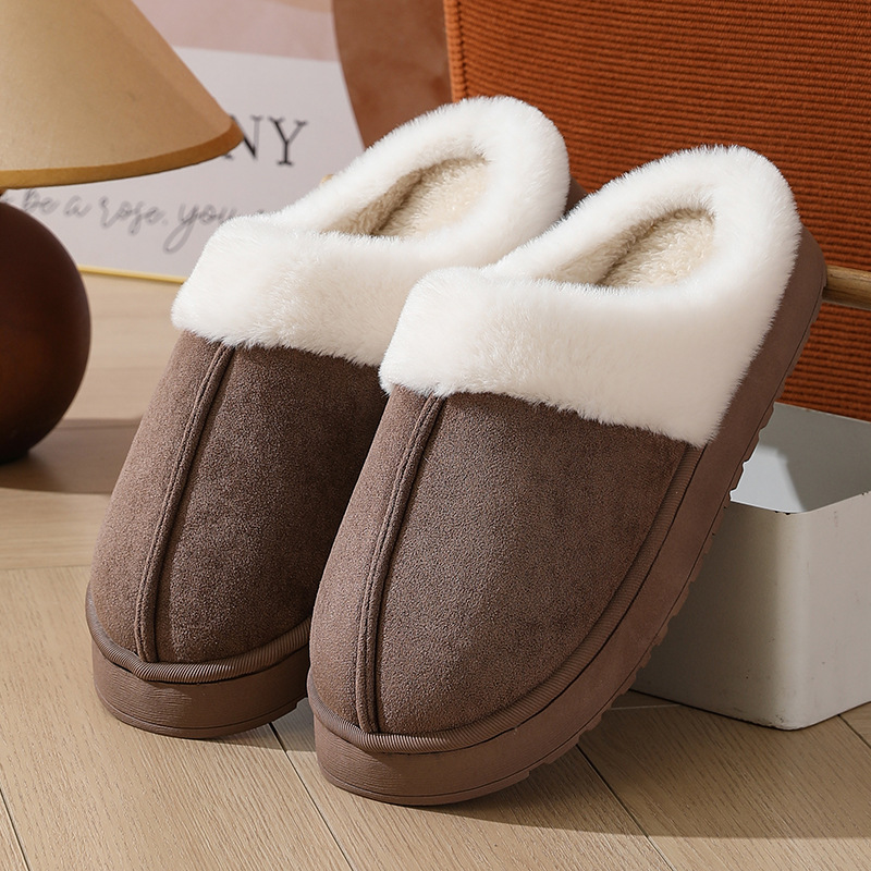 Zapatillas de felpa para mujer, chanclas de piel antideslizantes con suela gruesa y cuello de piel, zapatos cálidos unisex para el hogar, invierno y exterior