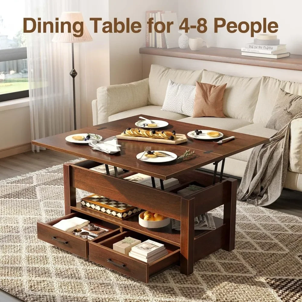 Mesa de centro com tampo elevatório, mesa de centro conversível multifuncional com gavetas e compartimento oculto