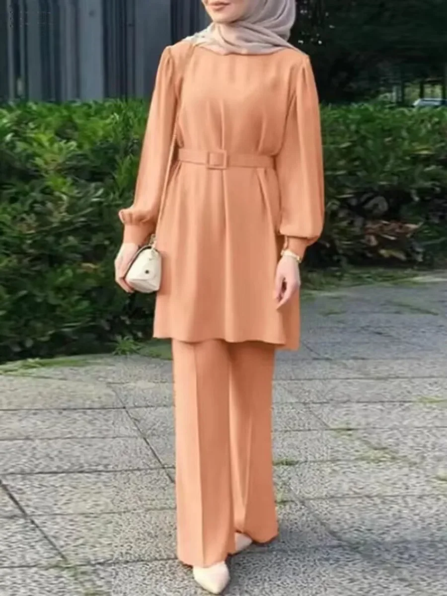 Conjunto de dos piezas musulmán Eid para mujer árabe, blusa con cordones y pantalón, conjunto musulman con cinturón, conjuntos a juego, camisa con botones, Abaya, Ramadán