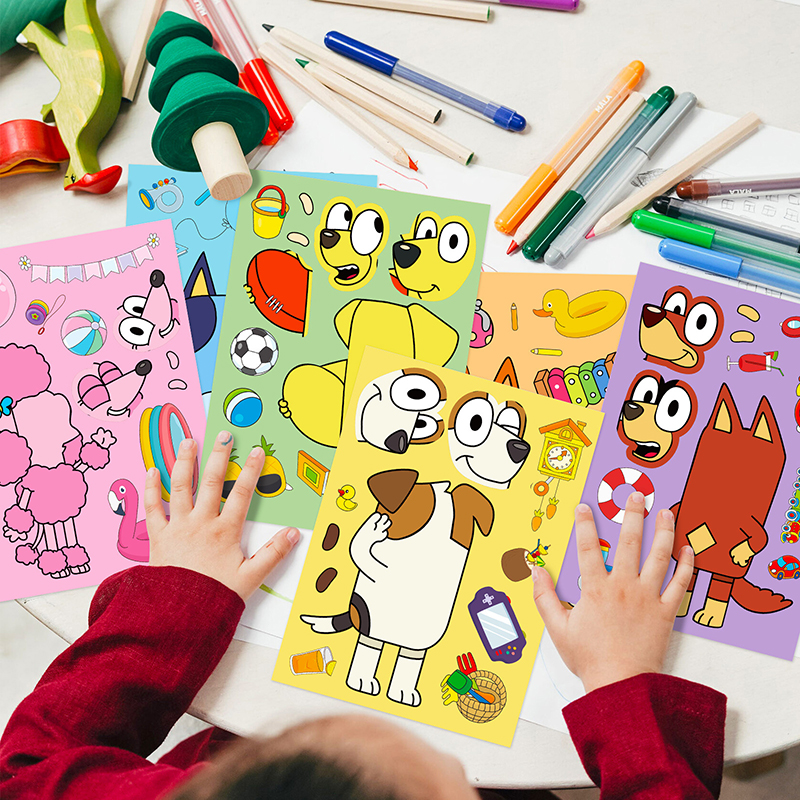 Bluey และบิงโกสุนัขการ์ตูนอะนิเมะสติกเกอร์ 6/12/18pcs Face Patchwork DIY สติกเกอร์ตกแต่งเด็กปริศนาการศึกษาของเล่น