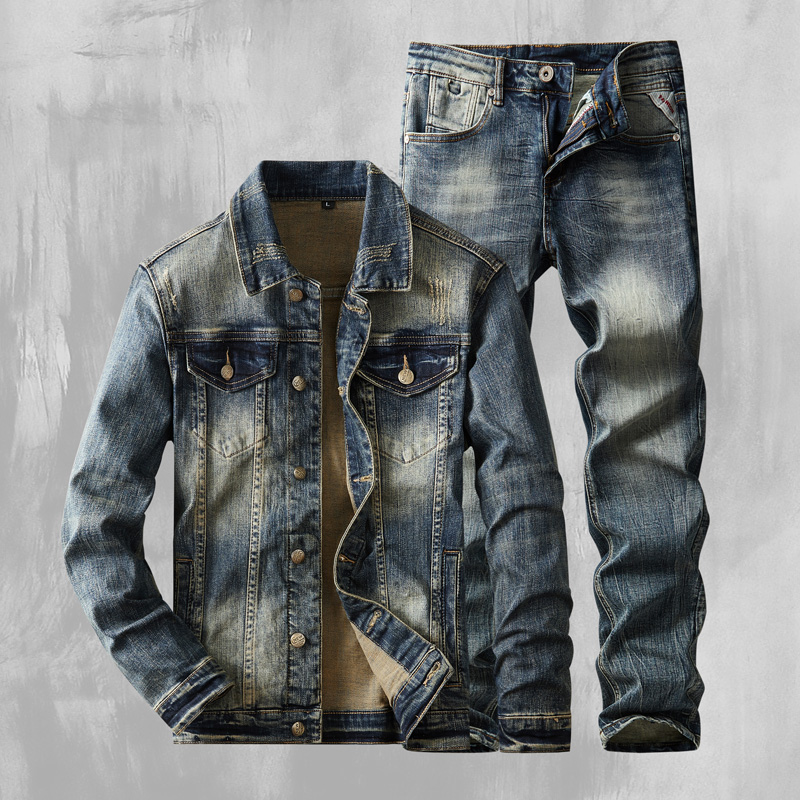 2024 Herbst/Winter New American Denim Mäntel Set Klassische einfache und vielseitige gewaschene elastische Cowboy-Jeans-Kleidung für Männer