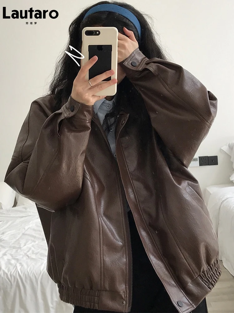 Lautaro Frühling Herbst Übergroßen Retro Schwarz Braun Leder Jacke Frauen Zipper Lange Hülse Lose Beiläufige Kühle Koreanische Kleidung 2022