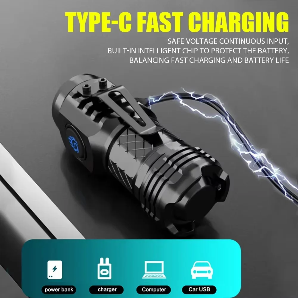 Mini strong Light Flashlight LED Super Bright Torch Type-C Rechargeable Portable Home Camping Light Waterproof with CAP CLIP