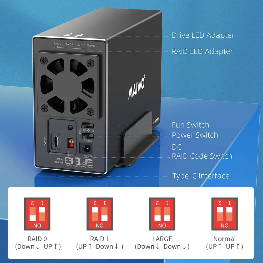 MAIWO 3,5 Zoll SATA RAID-Speichergehäuse Dual Bay Festplatten-Dockingstation zu USB3.1 Typ-C 10 Gbit/s unterstützt RAID 0/1 Modus